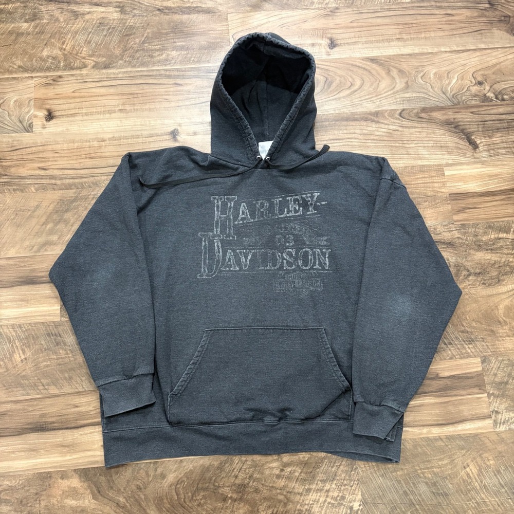 Vintage Y2K Harley Davidson Hoodie Mens XL Charcoal Indy West Graphic Sweatshirt
